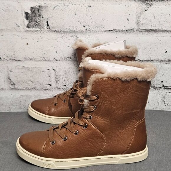 UGG Croft Luxe Quilt Leather Lace Up Shearling Boots Chestnut Brown Women 7.5 - Picture 3 of 12